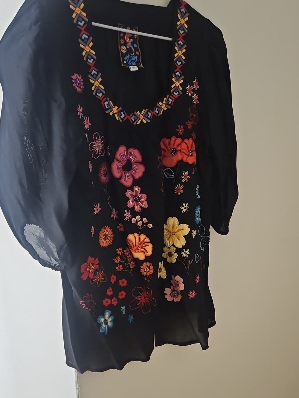Johnny Was Black Floral Embroidered Scoop Neck Blouse with Multicolor Flowers